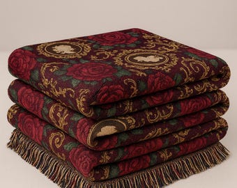 Victorian Rose Woven Blanket Throw – Gothic Floral Tapestry Blanket with Cameo Portraits, Cozy Vintage Home Decor, Cottagecore Gift