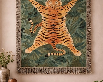 Tiger Woven Tapestry Blanket | Patina Blue Jungle Jacquard Throw, Modern Heritage Maximalist Decor