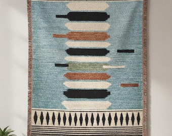 Boho Abstract Woven Throw Blanket | Jacquard Tapestry Bed Runner, MIDImalism Home Decor