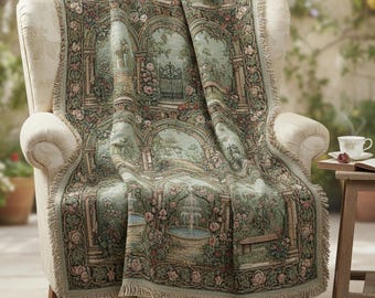 Secret Garden Architectural Woven Blanket, European Manor Tapestry Throw, Romantic Cottagecore Jacquard Wall Hanging