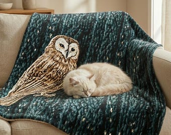 Barn Owl Illustration Sherpa Fleece Blanket | Dark Teal Cable Knit Velveteen Throw
