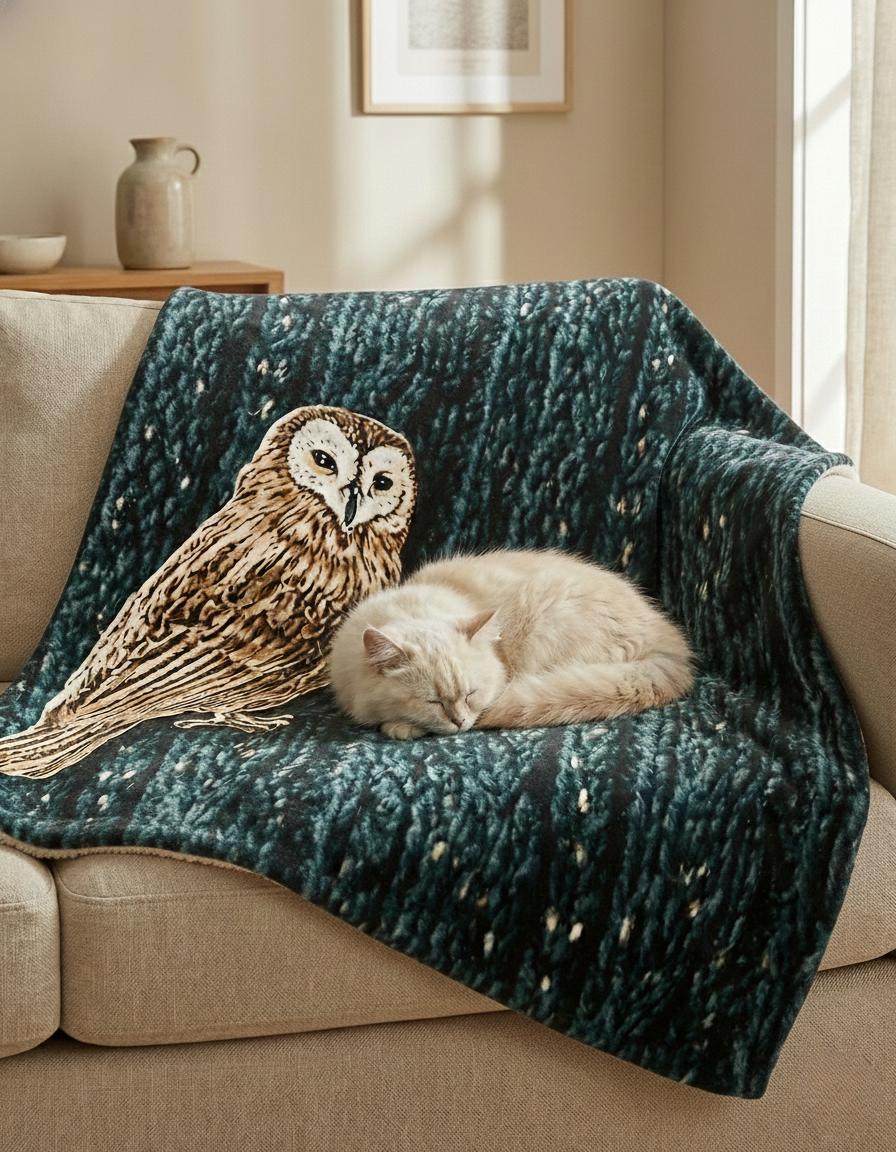 Barn Owl Illustration Sherpa Fleece Blanket | Dark Teal Cable Knit Velveteen Throw