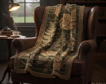 Poetcore Botanical Script & Roses Woven Blanket | Romantic Academia Script Decor | Moody Cottagecore Tapestry