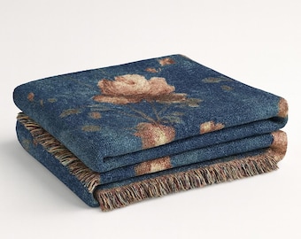 Vintage Rose Dark Academia Woven Blanket | Moody Blue Cottagecore Tapestry Floral Throw