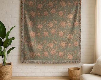 Vintage Rosen Floral Tapisserie gewebte Decke | Cottagecore Pastell Überwurf mit Fransen