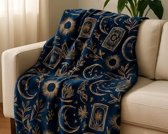 Celestial Tarot Blanket, Navy Blue Moon Stars Velveteen Microfiber Throw, Whimsigoth Astrology Gift