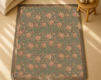 Vintage Rose Floral Tapestry Woven Blanket | Cottagecore Pastel Throw with Fringe