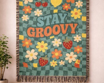 Stay Groovy Retro 70s Wavy Checkered Floral Woven Blanket | Hippie Throw with Fringe