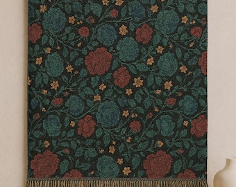 Boho Woven Floral Tapestry Throw Blanket | Dark Teal Burgundy Rose Fringe
