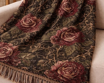 Moody Cottagecore Floral Woven Blanket | Dark Academia Whimsigoth Tapestry Throw