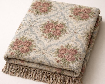 Architectural Secret Garden Woven Blanket, Victorian Rose  Fringed Tapestry Throw, Cottagecore Decor