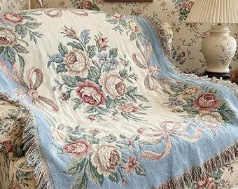 Coquette Vintage Rose Bow Woven Blanket | Light Blue Floral Shabby Chic Throw