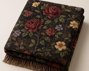Dark Rose Floral Tapestry Woven Blanket | Vintage Victorian Gothic Cottagecore Throw