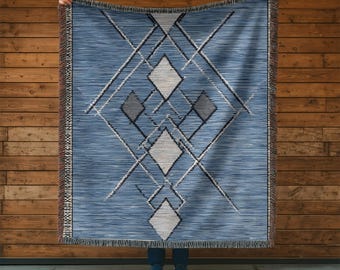 Abstract Woven Tapestry Blanket | Cotton Jacquard Throw, Fringed Bed Runner