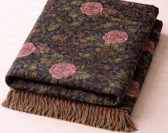 Vintage Rose Jacquard Woven Blanket | Boho Floral Tapestry Throw with Fringe