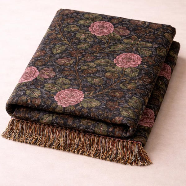 Vintage Rose Jacquard Woven Blanket | Boho Floral Tapestry Throw with Fringe