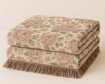 Vintage Floral Cotton Woven Blanket with Fringe