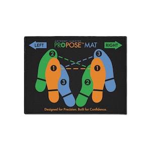 May include: Black rectangular mat with a colorful graphic of footprints and the text "PROPOSE MAT". The footprints are in orange, green, and blue, with arrows indicating "LEFT" and "RIGHT". The text "Designed for Precision. Built for Confidence." is also included.