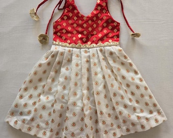 Handmade Baby Girl Ethnic Dress, Red & Off white Indian wear, Infant dress