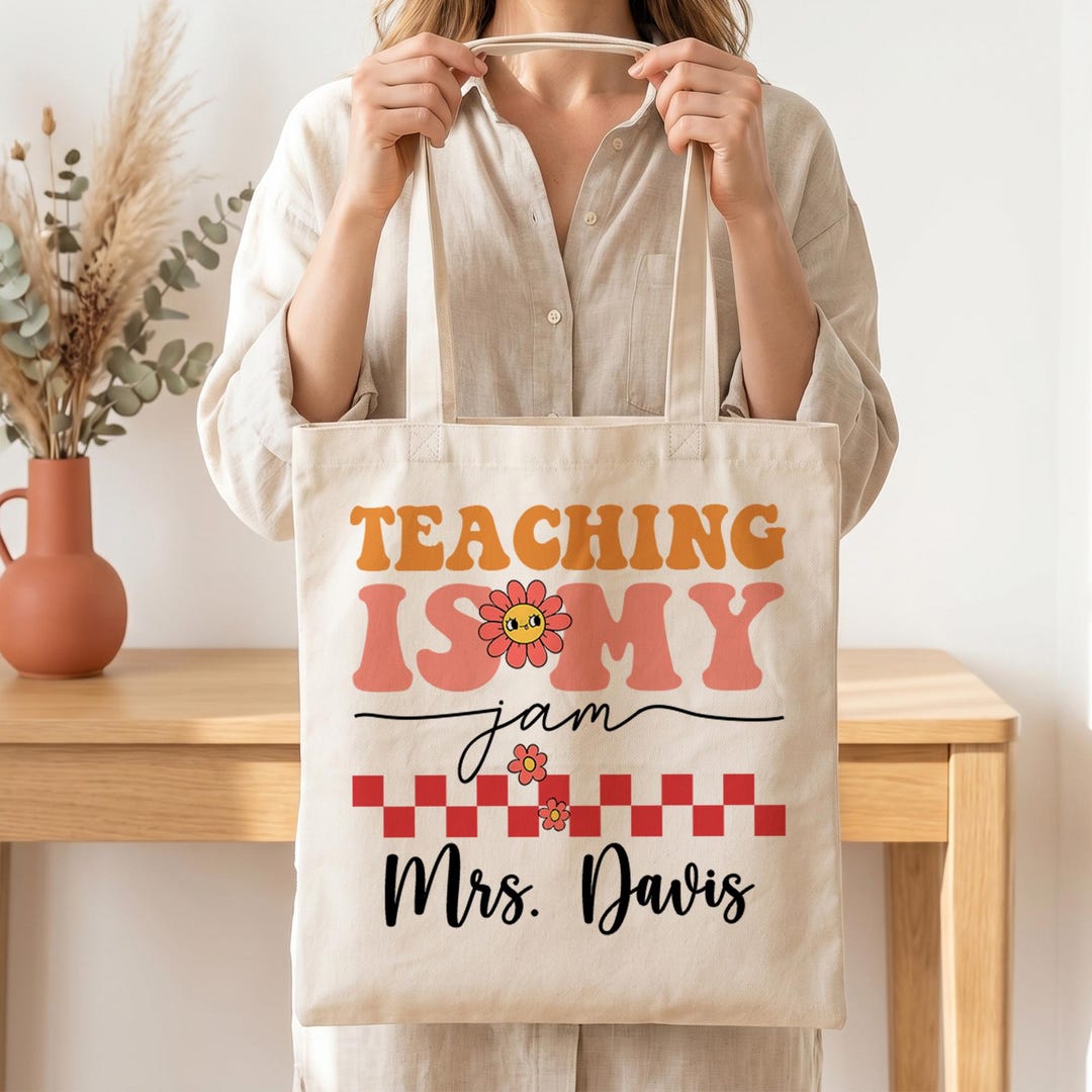 Custom Teacher Name Totes , Personalized Pencil Rainbow Tote Bag, End ...