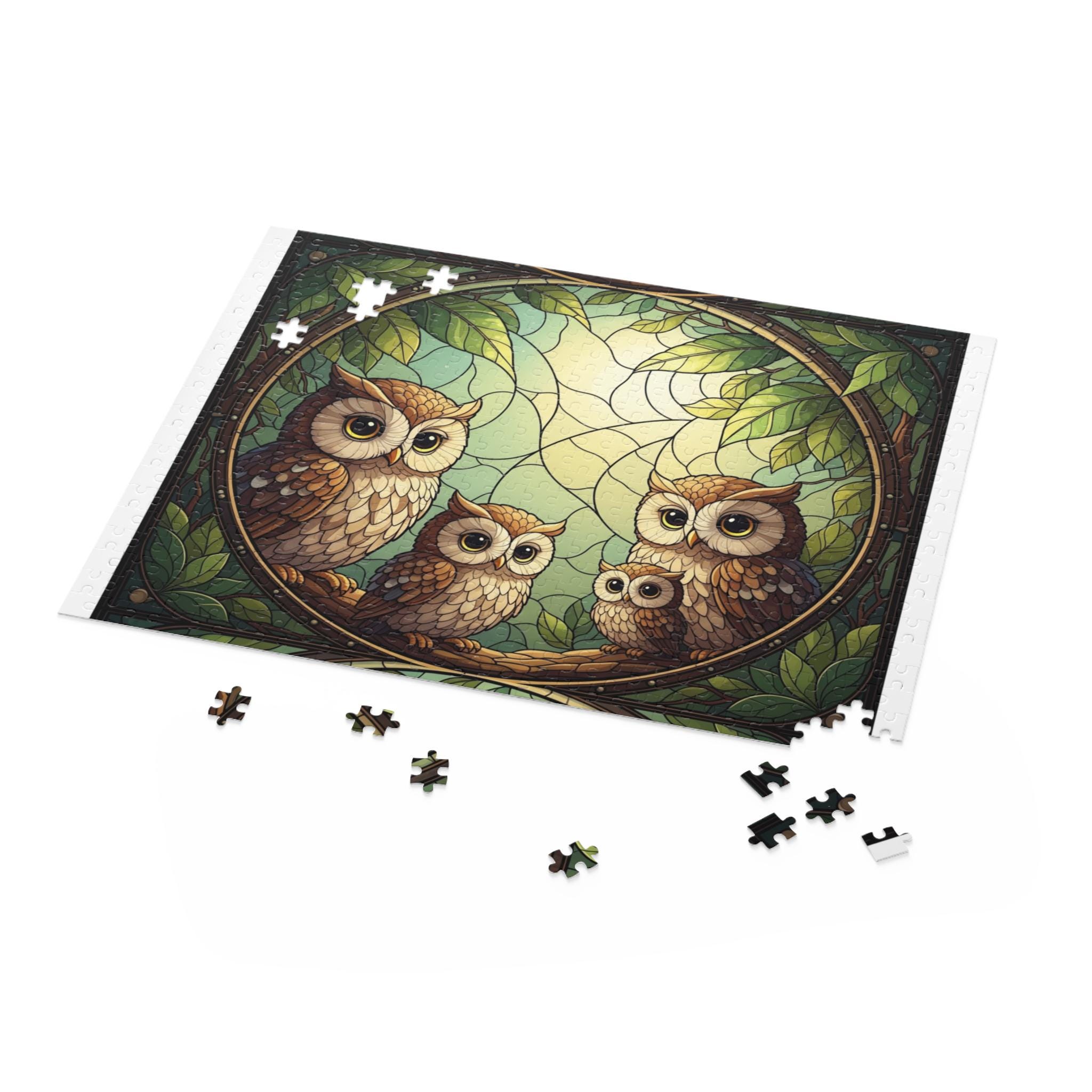 Adorable Owl Family Stained Glass Art Jigsaw Puzzle (120, 252, 500 Piece) Bright Nature-Inspired De