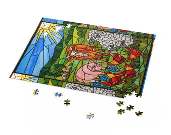 May include: A colorful jigsaw puzzle featuring a stained-glass design with farm animals. The puzzle depicts a pig, sheep, chickens, and a cow in a pastoral scene. The puzzle has a blue sky with a sun and some loose pieces.