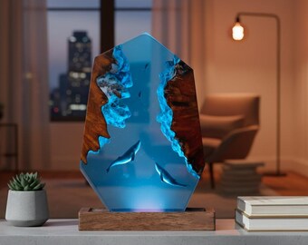 Whale Diver Resin Lamp, Personalized Ocean Night Light, Handmade Epoxy Wood Lamp, Scuba Diving Gift, Nautical Home Decor, Anniversary Gift