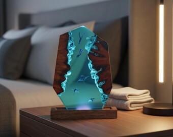 Ocean Epoxy Resin Lamp with Diver and Manta Ray, Underwater Resin Diorama, Nautical Home Decor, Unique handmade Gift for Ocean Lovers