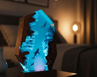 Ocean Epoxy Resin Lamp with Shark and Diver, Underwater Resin Diorama, Nautical Home Decor, Unique handmade Gift for Ocean Lovers