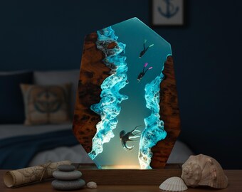 Ocean Resin Lamp with Octopus and Scuba Divers, Epoxy Wood Night Light, Underwater Resin Diorama, Unique handmade Gift for Ocean Lovers
