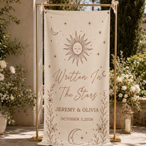 Aangepaste celestial bruiloft welkomstbanner, gepersonaliseerd linnen hangend bord, maan en sterren ceremonie achtergrond, boho decor bruiloft receptie