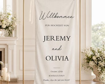 Faixa de boas-vindas personalizada para casamento, placa de tecido de linho personalizada com nomes e data, decoração elegante para pendurar na cerimônia e recepção.