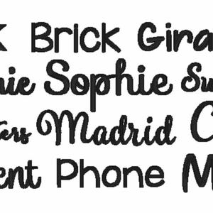 Może przedstawiać: Na białym tle znajduje się kolekcja czarnych sł&oacute;w w r&oacute;żnych czcionkach. Słowa to "Block", "Brick", "Giraffe", "Smoothie", "Sophie", "Sweet Bird", "Love Letters", "Madrid", "Charm", "Ornament", "Phone" i "Magical".