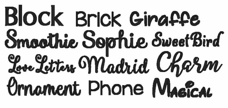 Może przedstawiać: Na białym tle znajduje się kolekcja czarnych sł&oacute;w w r&oacute;żnych czcionkach. Słowa to "Block", "Brick", "Giraffe", "Smoothie", "Sophie", "Sweet Bird", "Love Letters", "Madrid", "Charm", "Ornament", "Phone" i "Magical".