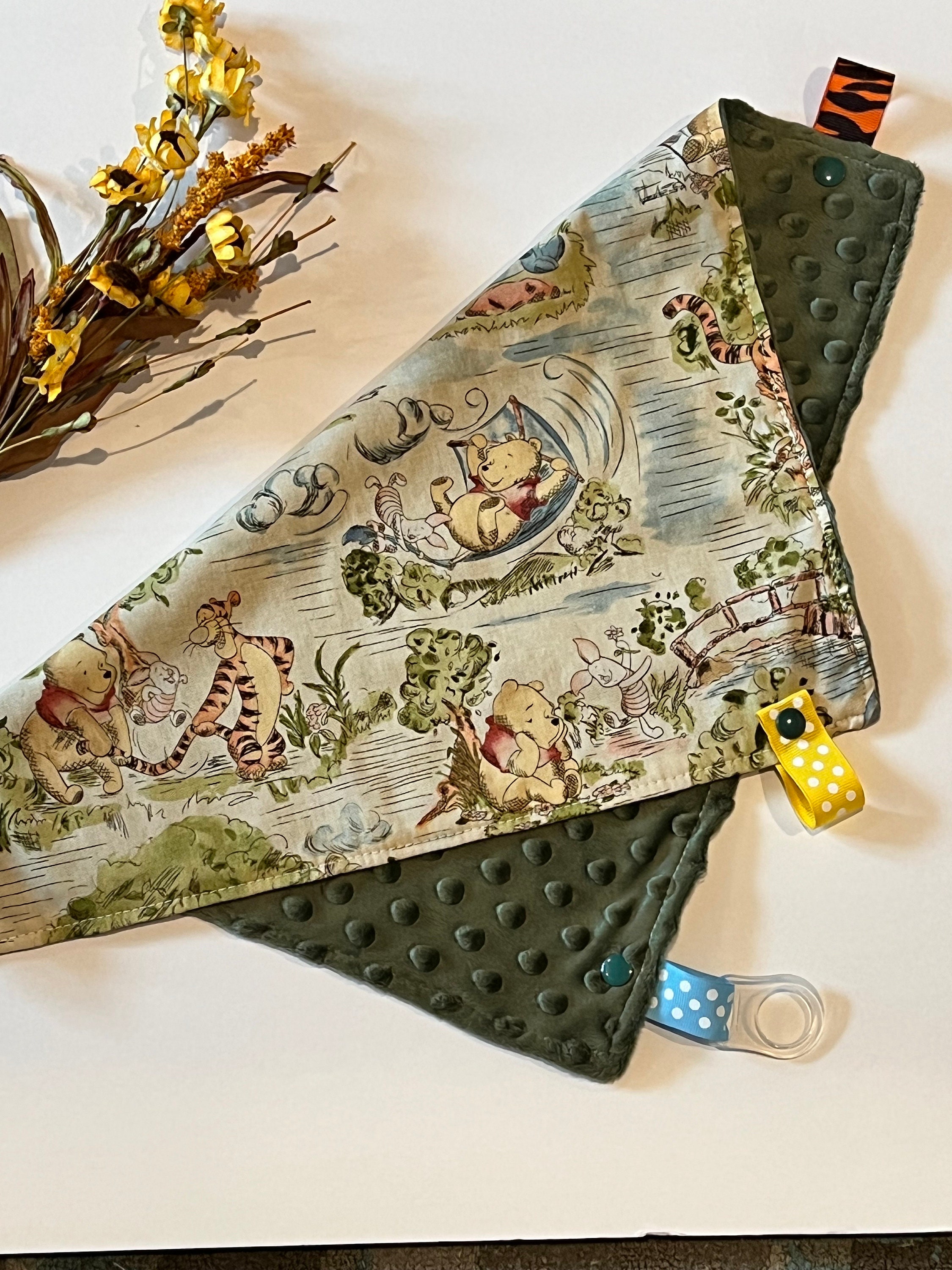 Baby girl or boy Pacifier lovey sensory blanket made from Winnie the Pooh cotton with snap tags for nap night time play, minky back, gift