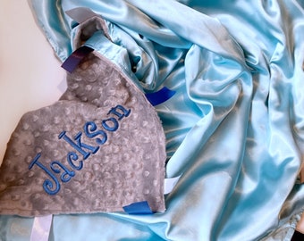 Personalize Satin and minky 40” x 60” large sensory Blanket with ribbon tags for girl or boy, baby or toddler, choose colors