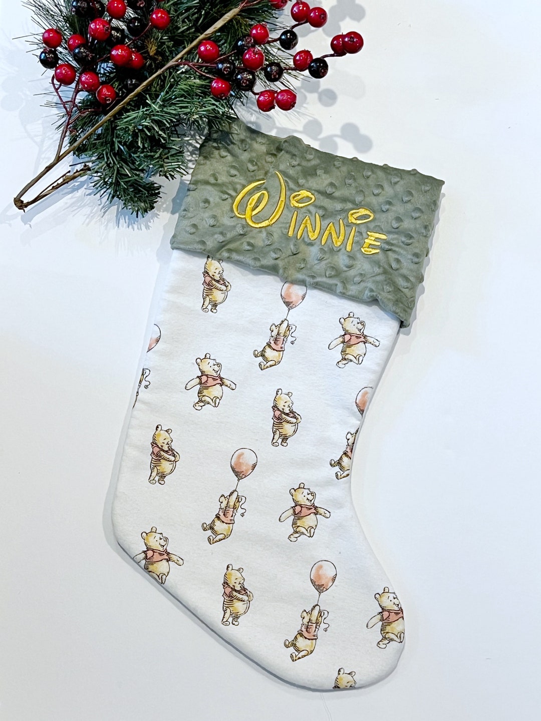 Personalized Christmas Stocking Baby Toddler Child Made From Flannel Balloon Winnie the Pooh
