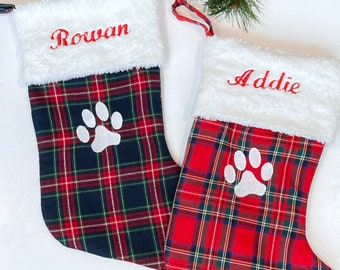 Pet Christmas stocking in red plaid or red and blue flannel, personalized cat dog stocking fully lined, embroidered paw and name option, 18”