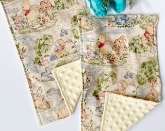 Baby toddler burp cloth set of 2 made from vintage inspired Winnie the Pooh fabric gender neutral Cotton and Minky baby shower gift