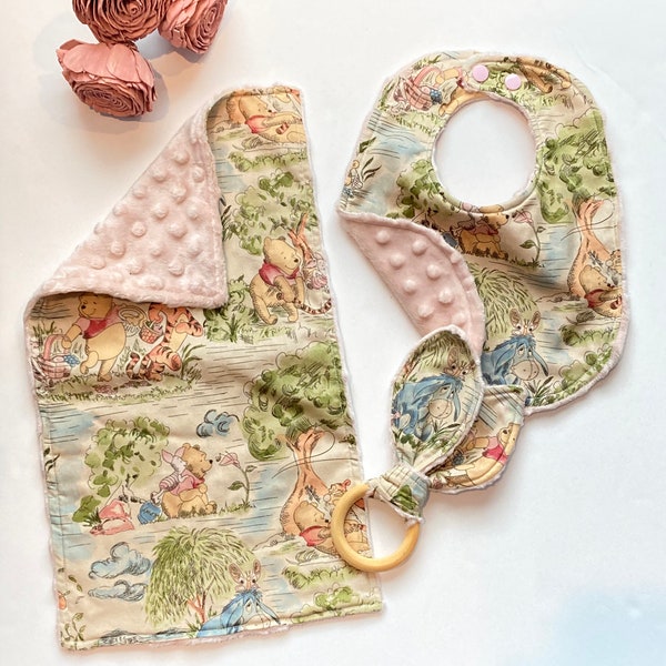 Baby toddler Bib & burp cloth bunny ear teether made from tan Winnie the Pooh fabric gender neutral Cotton and Minky baby shower gift bundle