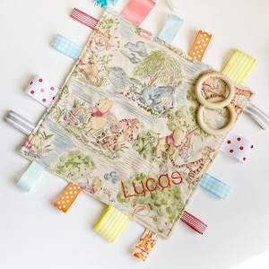Sensory Blanket lovey made from Winnie the Pooh Day in the Park fabric ~ toy ~ can personalize ~ Cotton minky ~ baby shower ~ add crinkle