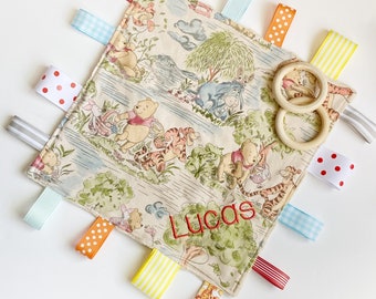 Sensory Blanket lovey made from Winnie the Pooh Day in the Park cotton with minky back, comfort,  personalized baby shower, add crinkle