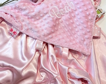 Personalize Satin and minky 30” x 40” large sensory Blanket with ribbon tags for girl or boy, baby or toddler, choose colors