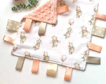 Sensory Blanket tag lovey made from Winnie the Pooh with balloon flannel fabric and minky back, personalize or add crinkle, baby shower gift