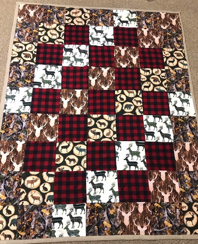 twin size ~ patchwork ~ cotton batting ~ made to order Hunter theme Adult size flannel Blanket quilt ~ Cotton flannel ~ approx 56 x 72