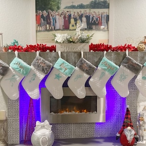 Ocean sea life themed Christmas stocking with minky fur cuff in quilted fabric, personalized, decorative embroidery and fully lined 18”