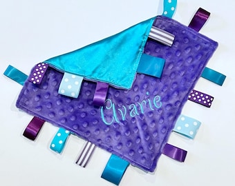 Satin and minky sensory Blanket lovey ~ ribbon tag ~ personalize sensory toy ~ baby shower gift ~ baby boy girl lovey - 12" - choose colors