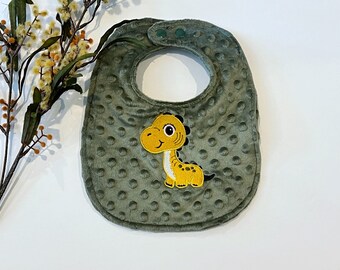 Dinosaur embroidered minky baby bib in solid colors to choose, soft and padded, absorbent, cute unique baby shower gift, adjustable snaps