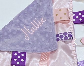 Satin and minky sensory Blanket lovey ~ ribbon tag ~ personalize sensory toy ~ baby shower gift ~ baby boy girl lovey - 12" - choose colors