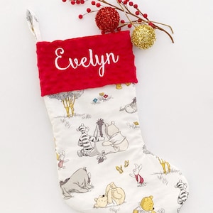 Christmas stocking for baby child adult, personalized made from Winnie the Pooh fabric, fully lined, boy or girl, First Christmas